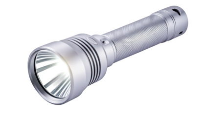 Bright white flashlight beam illuminating a dark space, ideal for safety, emergencies, or nighttime adventures