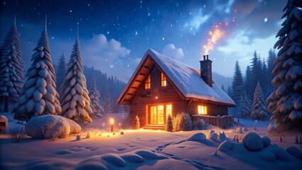 Fototapeta premium Winter Night Warmth: Cozy Cabin Glow in Snowy Landscape