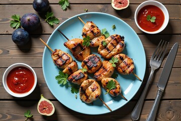 Overhead shot of grilled chicken skewers on a blue plate with tomato sauce, figs and plums. Perfect for summer recipes and food blogs.