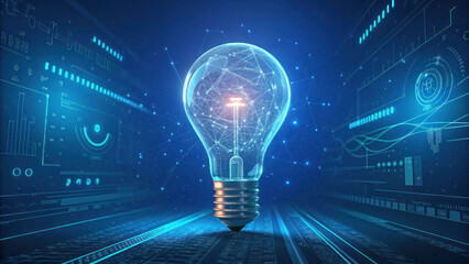 "A futuristic glowing light bulb with a holographic filament, floating in the center of a deep blue neon-lit background with abstract digital elements."
