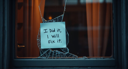 Responsibility concept wallpaper. Broken window with a message "I Did It, I Will Fix It"