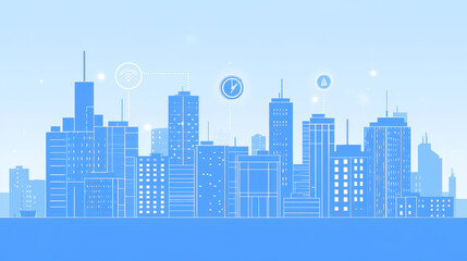 Digital alarm icon and low angle view modern office buildings in blue tone  with network connection concept,  smart city and wireless communication network, IOT internet of things conceptual image