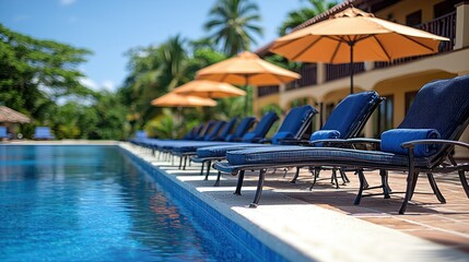 Luxury Resort Poolside Relaxation: Tranquil Blue Waters and Comfortable Loungers