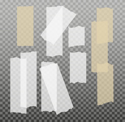 Scotch tape. Sticky paper tape. Adhesive Transparent sticky stripe. Sticker for collage, fixing photo notes. Vector