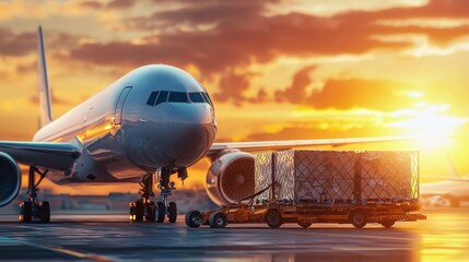 Fototapeta premium A commercial cargo plane sits on the tarmac at sunset while being loaded with freight.