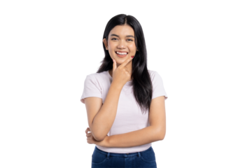Confident young Asian woman smiling and thinking with hand on chin, casual pose, isolated on transparent background