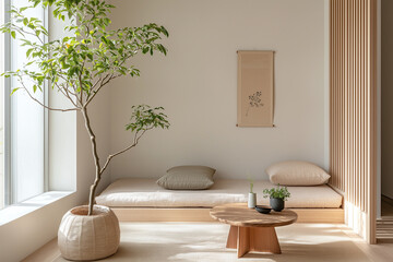 minimalist Japanese style room featuring warm pastel tones, low seating area with cushions, wooden table, and potted plant, creating serene and inviting atmosphere