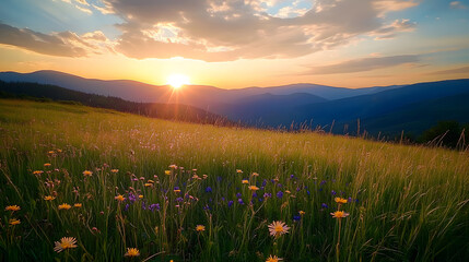 Breathtaking sunset over mountain landscape with wildflower field&nbsp;