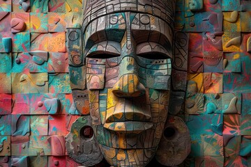 Fototapeta premium Colorful mosaic mask on vibrant wall art