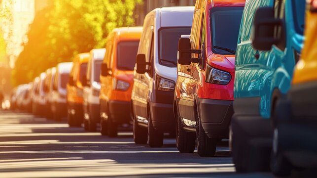A line of colorful vans parked on a sunny street, capturing a vibrant and urban scene.