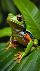 Vibrant Red-Eyed Tree Frog perched on a lush green leaf, showcasing its striking colors and captivating gaze.