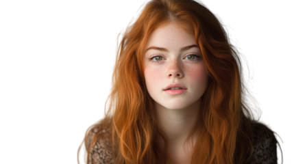 Stunning redhead woman in a leopard print shirt, portrait of modern fashion and beauty.