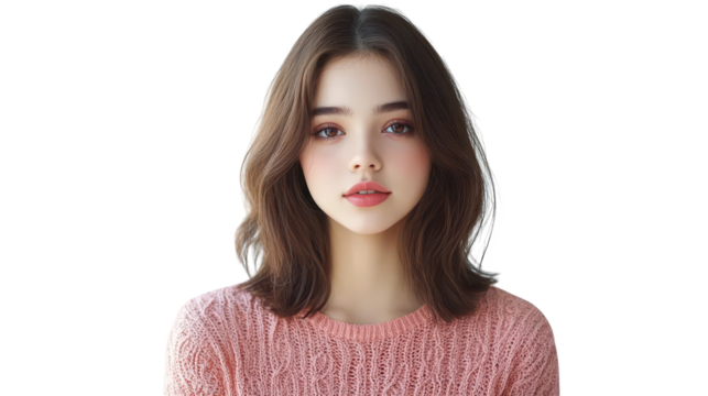 Cozy pink sweater, woman with long flowing hair in fashionable winter style