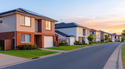 Serene Suburban Street at Sunset with Modern Houses and Green Lawns