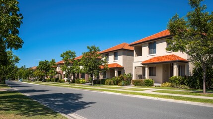 Naklejka premium Charming Residential Street with Modern Homes and Clear Blue Sky