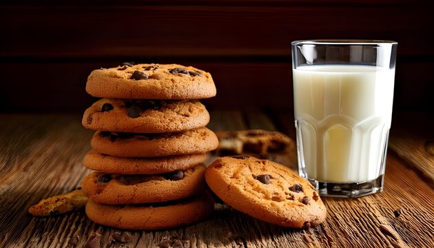 Freshly baked chocolate chip cookies stacked on a rustic wooden table with a glass of milk beside them.