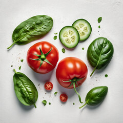 Tomatoes, cucumbers and fresh spinach on a white background. Top view.