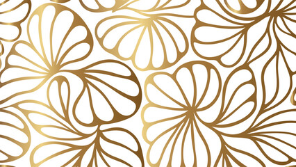 Golden floral illustration with stylized line art flowers on white background, luxury botanical design