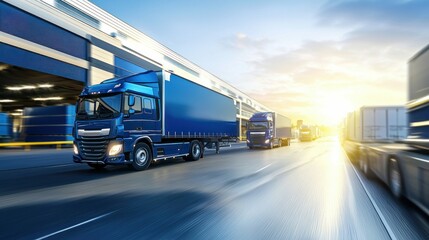 Several blue semi-trucks driving at high speed on the highway towards the bright morning sun.