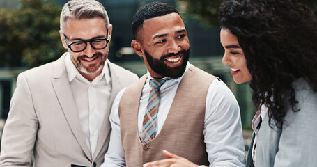 Happy, colleagues and group with tablet, business and review of positive feedback for project and...