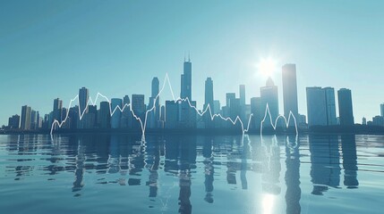 A D line chart representing stock market trends, with a clear city skyline in the background under clear blue skies