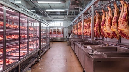 A bustling butcher shop featuring meat hanging from the ceiling