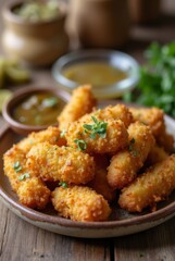 Delicious golden crispy fried pickles on rustic plate with fresh herbs garnish for culinary presentation