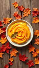 Rustic wooden table, scattered autumn leaves, creamy persimmon dessert, foliage, still life