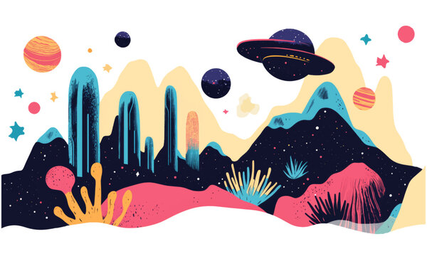 Retro Futuristic grainy flat cartoon sci-fi panorama, planet, mars, outer space. Sci fi architecture, vector illustration background.