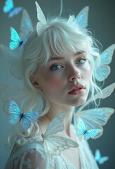 Fototapeta premium Ethereal beauty in nature with woman surrounded by butterflies for dreamlike visual inspiration