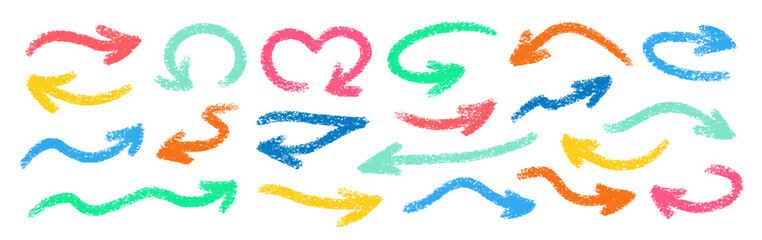 Crayon Arrows Squiggle Vector Set. Chalk Scribble Pointer Shapes Collection. Colorful Hand Drawn Brush Texture Spiral Swirls. Pencil Emphasis Elements Charcoal Doodle Curved Symbols Bundle