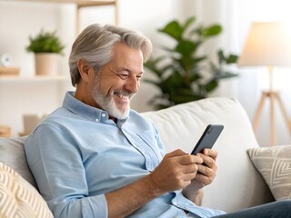 Elderly Individual Relaxing Indoors While Using Smartphone in a Cozy Living Room