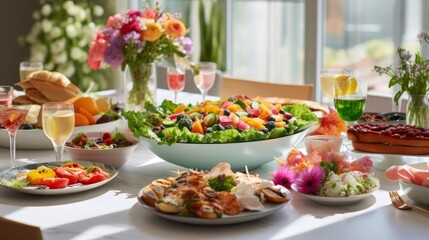 Easter brunch spread featuring colorful salads, freshly baked pastries, and a vibrant, inviting table setting
