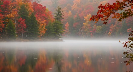 Fototapeta premium Misty Autumn Lake with Colorful Fall Foliage Reflection AI Generated