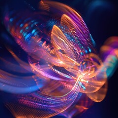 Abstract light trails in vibrant colors swirl and blend in a dynamic display, creating a sense of motion and energy against a dark background, suitable for artistic or technological themes