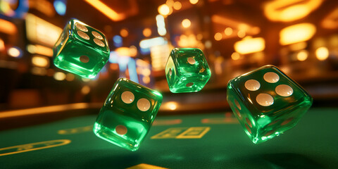 Green glass dice falling on green casino table, blurred background lights, suggestive of chance, gambling, risk, fortune, luck