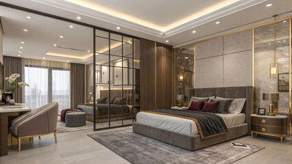 "A luxurious modern studio apartment with a king-sized bed, velvet furnishings, gold accents, and a large glass partition separating the bedroom from the living space."