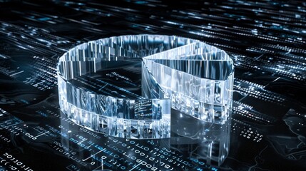 D pie chart with transparent crystal-like slices, hovering over a dark digital stock market analytics background