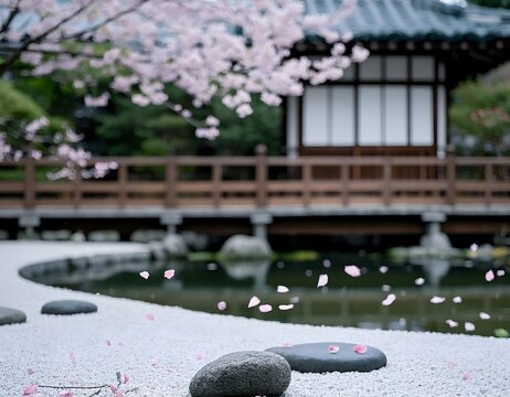 Minimalist Zen Garden Zoom Background"A tranquil Japanese Zen garden with raked white gravel, smooth stepping stones, and a small wooden bridge over a koi pond. A few cherry blossom trees are in full 