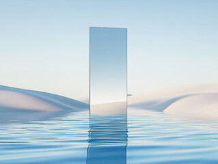 A vertical rectangle stands above the surface of the blue water area, surrounded by undulating sand dunes. The background tone is soft and the design style is simple. The composition is symmetrical on