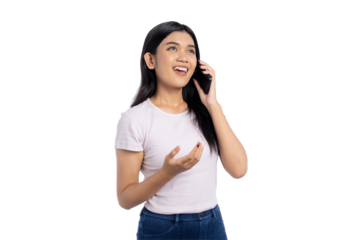 Cheerful young Asian woman talking on smartphone with joyful expression and hand gesture, isolated on transparent background