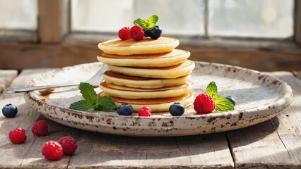 A stack of fluffy pancakes sitting on a plate, ready to be served