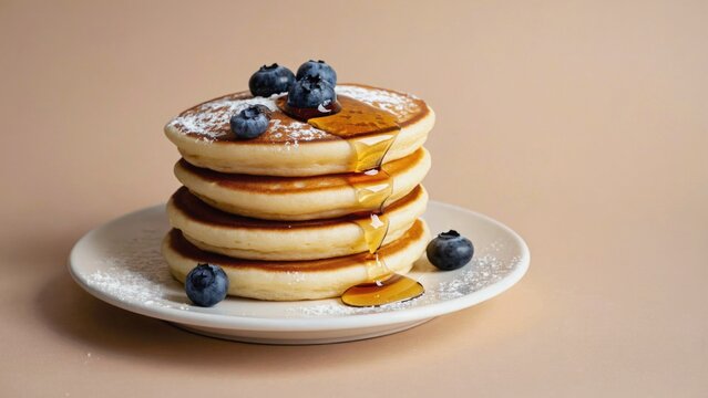 A plate of fluffy pancakes topped with sweet syrup and fresh blueberries