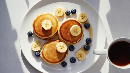 Freshly cooked pancakes topped with sliced bananas and blueberries, ready for breakfast or brunch