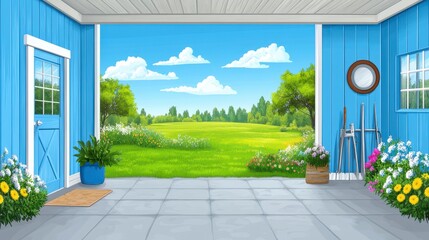 Naklejka premium Sunny Day in a Blue Garage Pixel Art Landscape