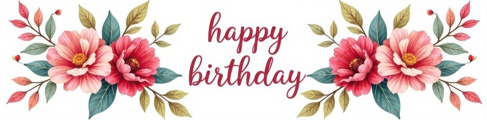 Elegant floral wreath with "Happy Birthday", hand-drawn , vector illustration, party supplies, invitation