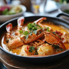 Spicy Lobster Curry in a Black Pan