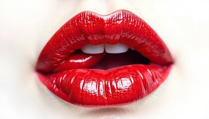 Obraz premium Bold crimson lips against pure white backdrop High-contrast, sharp focus , abstract, cosmetics, makeup