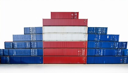 Fototapeta premium Stacks of isolated red white and blue shipping containers with copy space