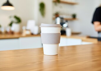 Eco-friendly reusable coffee cup on wooden counter in modern cafe